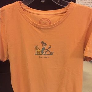 Orange “sit. stay.” Life is good t shirt.